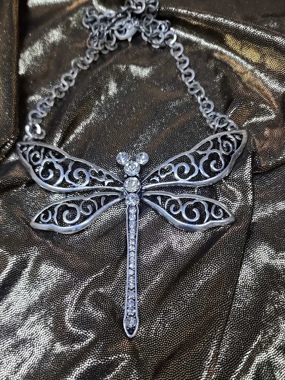 Filigree Dragonfly Pendant Necklace in Silver with Clear‎ Stones